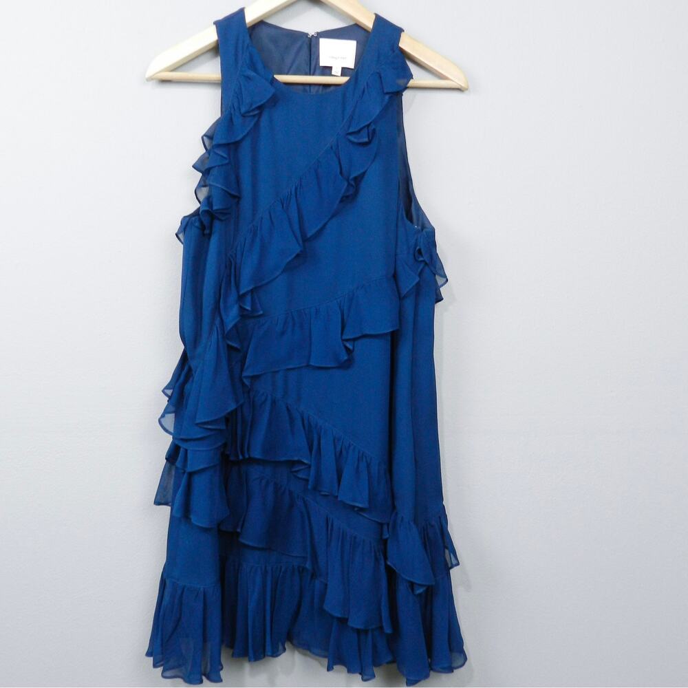 Cinq A Sept Draped Tiered Ruffle Silk Cocktail Dress Sz 8 Dark Blue Mini Party‎